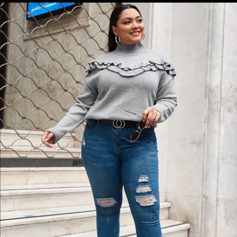 Plus Ruffle Yoke Mock Neck Sweater - Picture 5 of 7